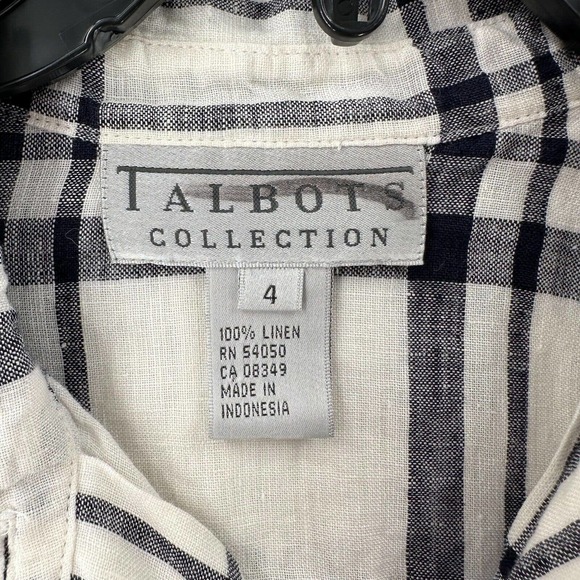 Talbots Collection Blouse Womens 4 Ivory & Black Plaid Button Up 100% Linen Top - Picture 7 of 14